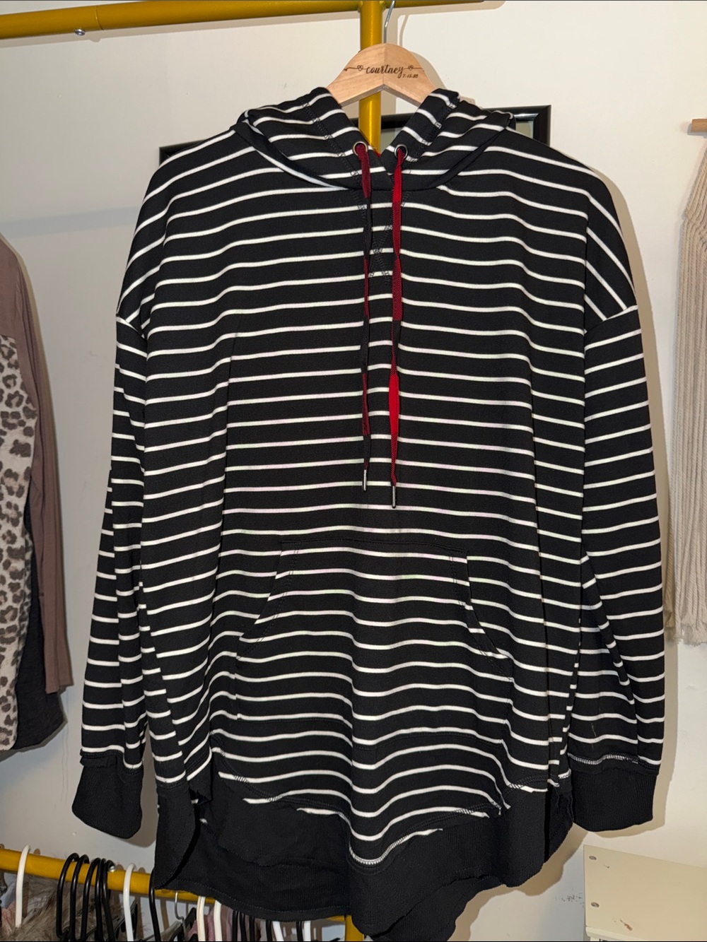 Maurices Black and White Striped Hoodie with Red Drawstrings